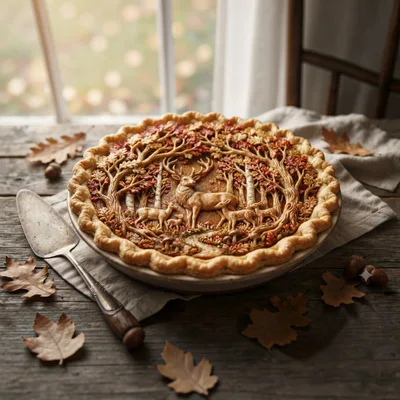 Artistic Autumn Themed Pie With Intricate Deer Pastry Crust