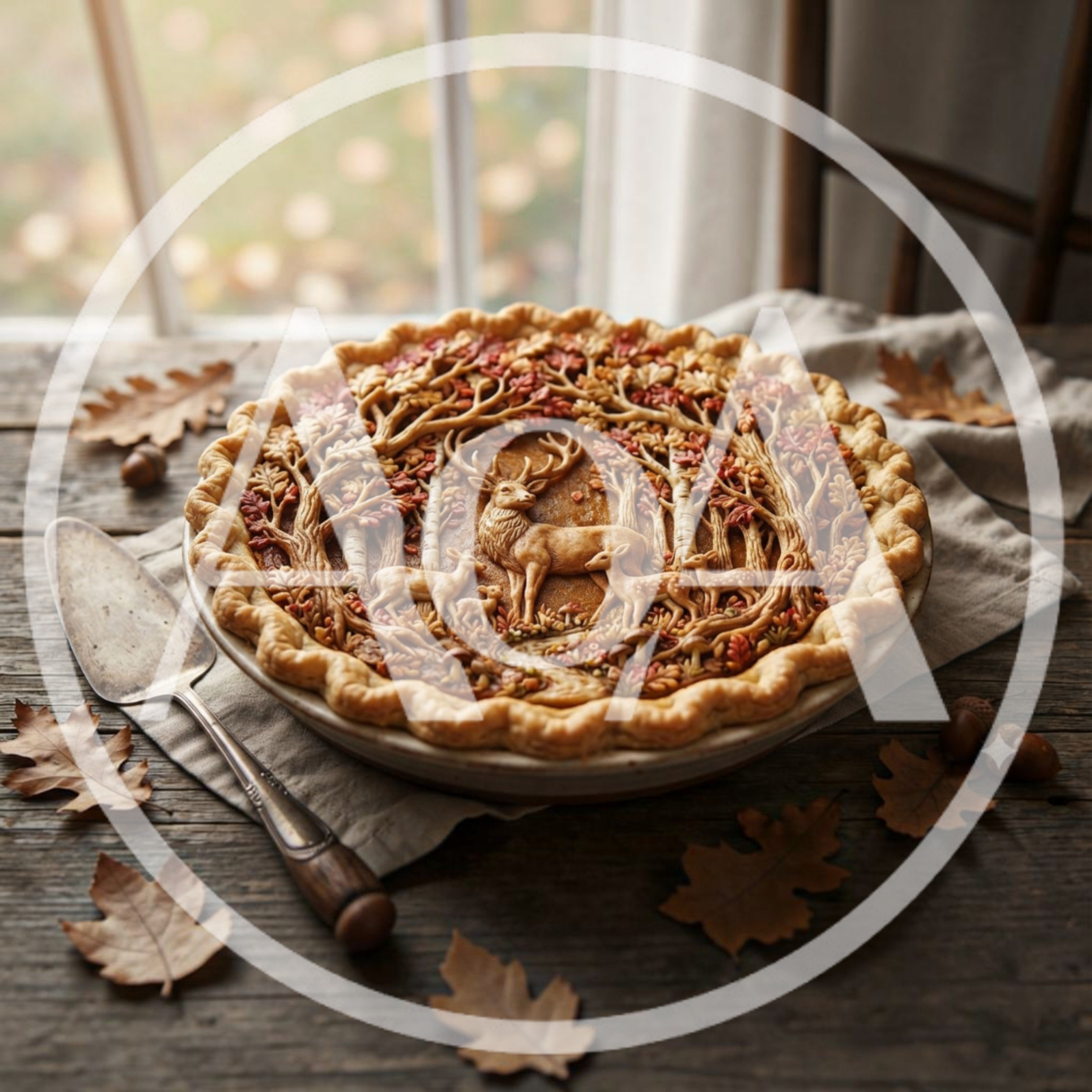 Artistic Autumn Themed Pie With Intricate Deer Pastry Crust