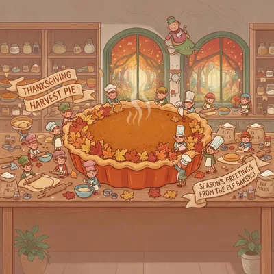 Cute Elves Baking A Large Thanksgiving Harvest Pie