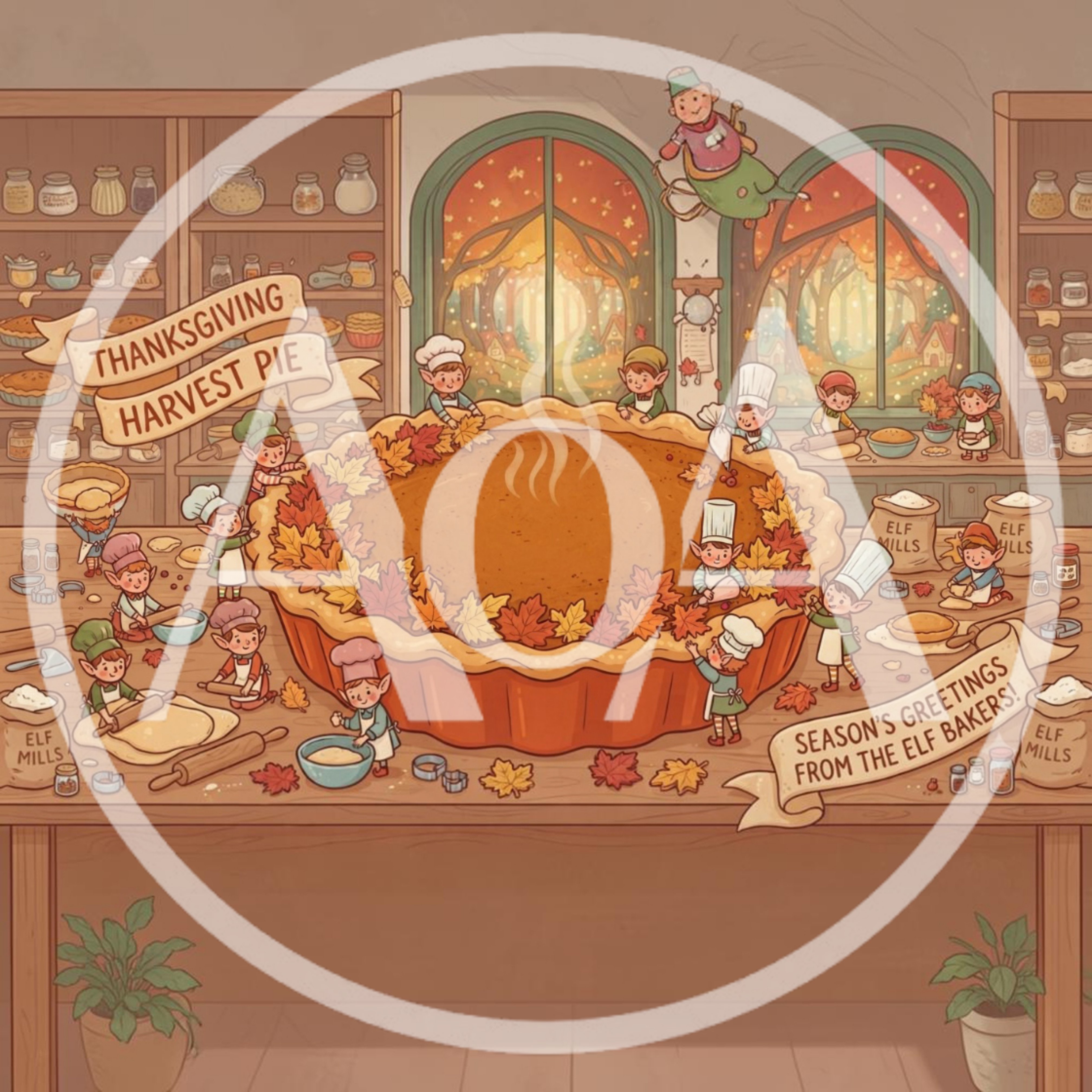 Cute Elves Baking A Large Thanksgiving Harvest Pie