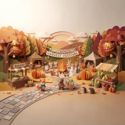 Papercraft Thanksgiving Harvest Festival Scene With Woodland Animals