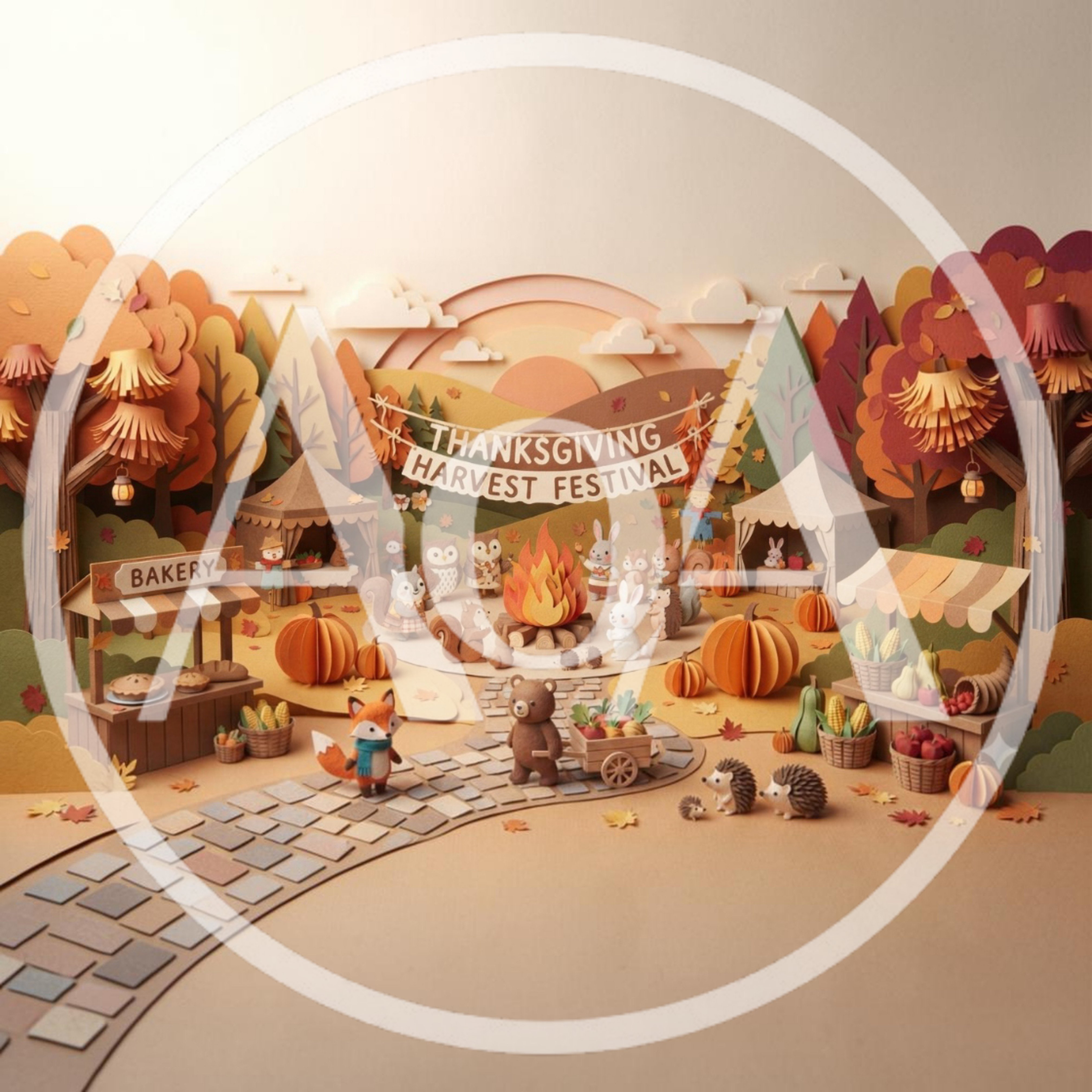 Papercraft Thanksgiving Harvest Festival Scene With Woodland Animals