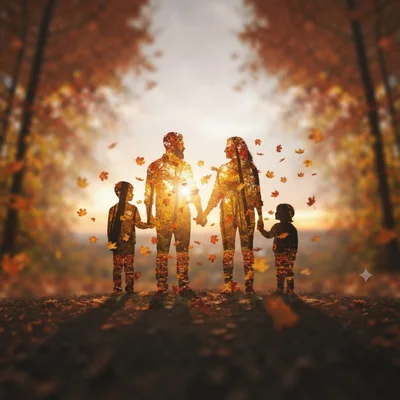 Double Exposure Silhouette Of A Family In Autumn