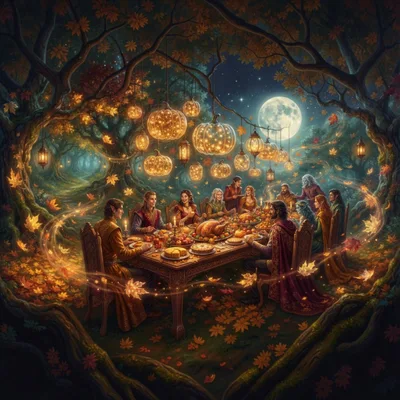 Fantasy Elven Feast Under Glowing Autumn Forest Canopy
