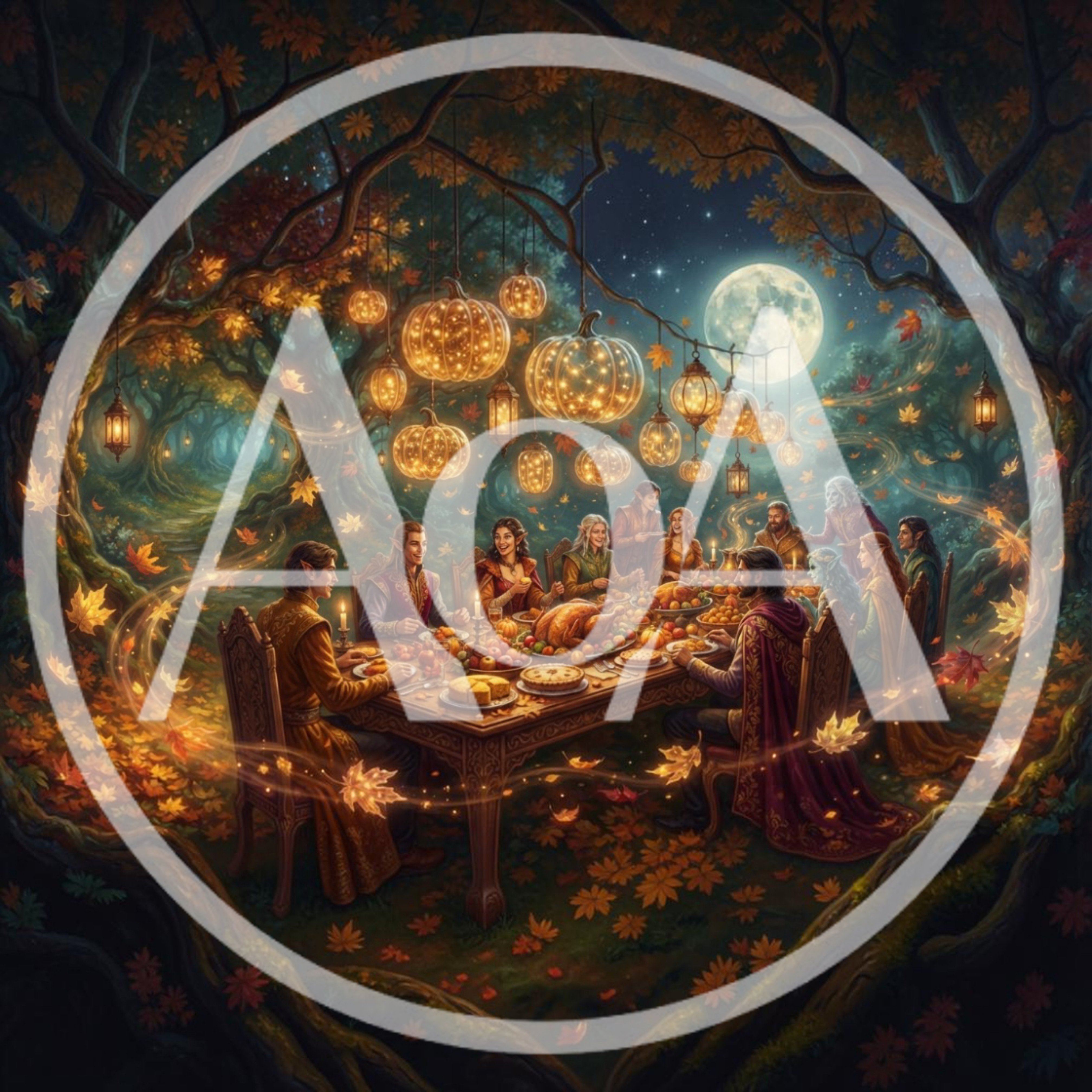 Fantasy Elven Feast Under Glowing Autumn Forest Canopy