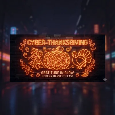 Cyber Thanksgiving Neon Sign on Brick Wall