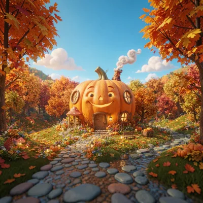 Whimsical Pumpkin House In An Autumn Forest