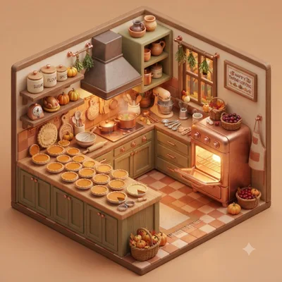 Isometric Thanksgiving Kitchen With Pies And Baking Supplies