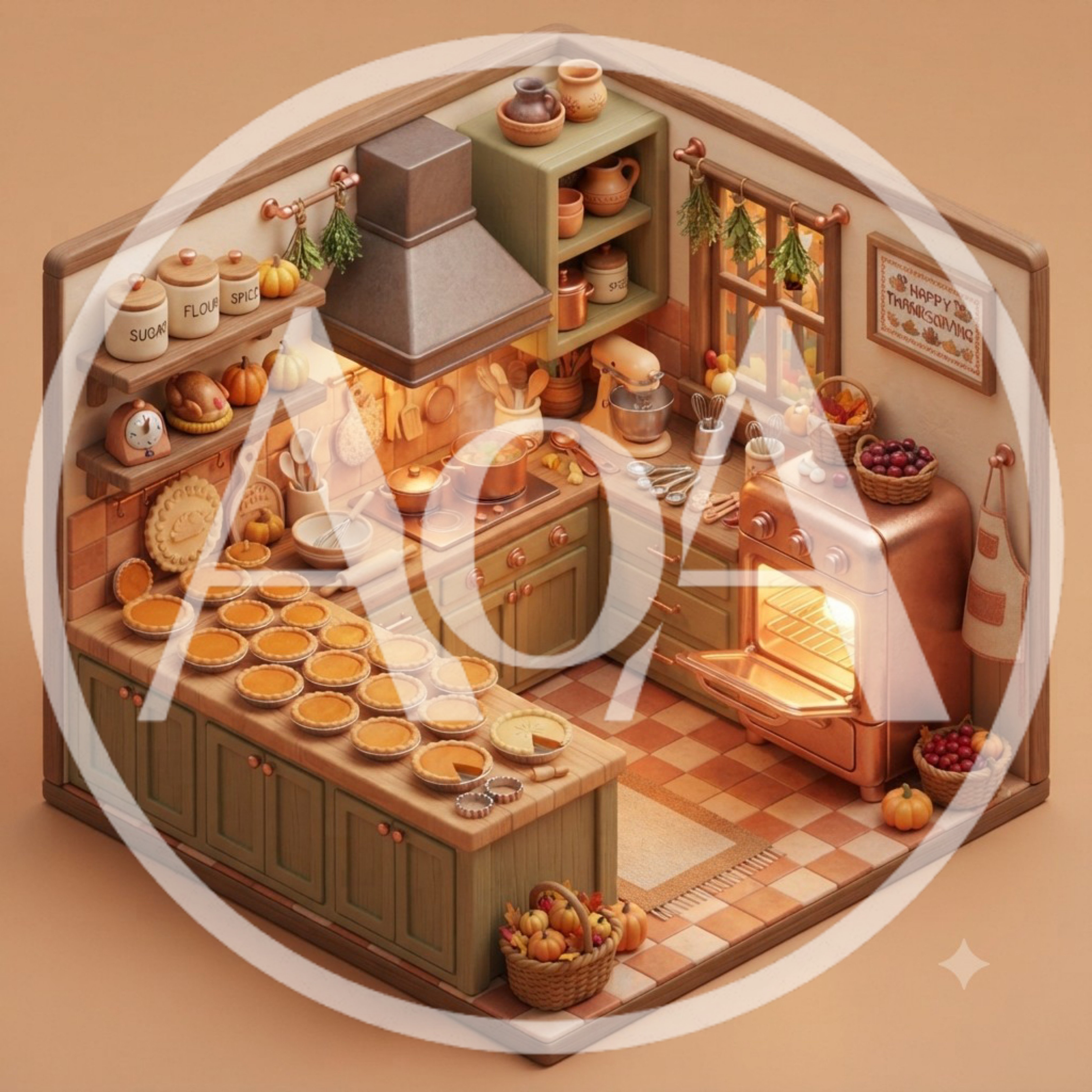 Isometric Thanksgiving Kitchen With Pies And Baking Supplies