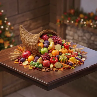 Thanksgiving Cornucopia Centerpiece With Fruits And Vegetables