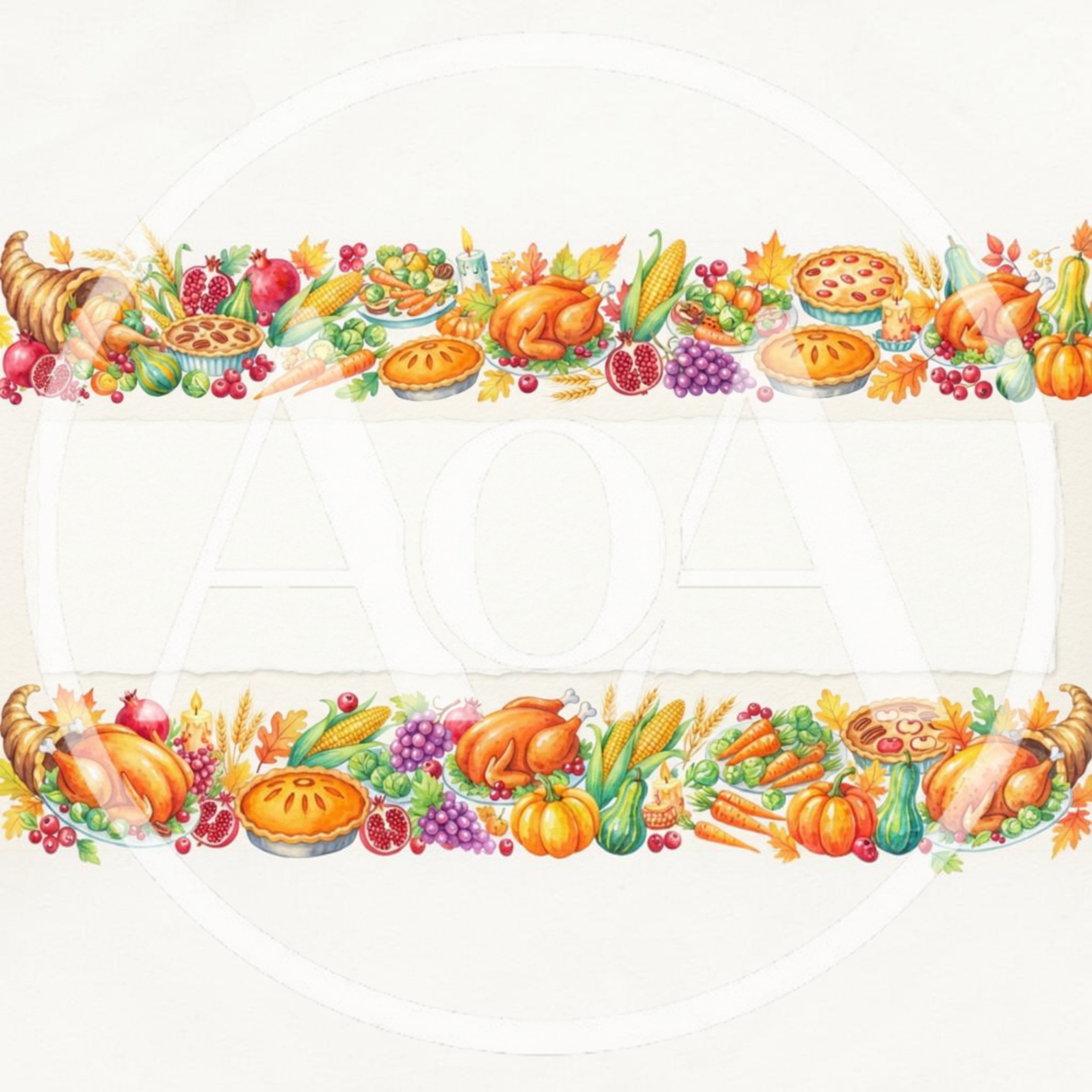 Thanksgiving Watercolor Border Illustration With Food And Cornucopia