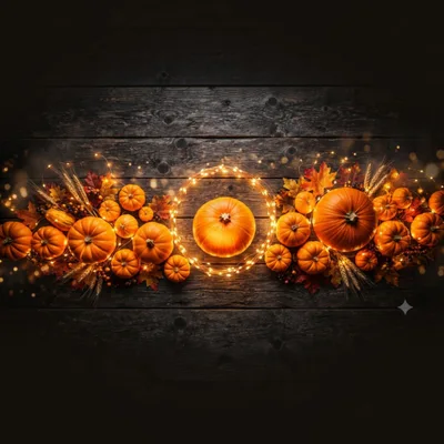 Autumn Pumpkin Arrangement With Fairy Lights On Wood