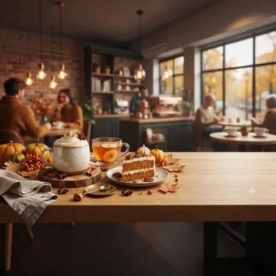 Autumn Cafe Table With Pumpkin Spice Latte And Cake