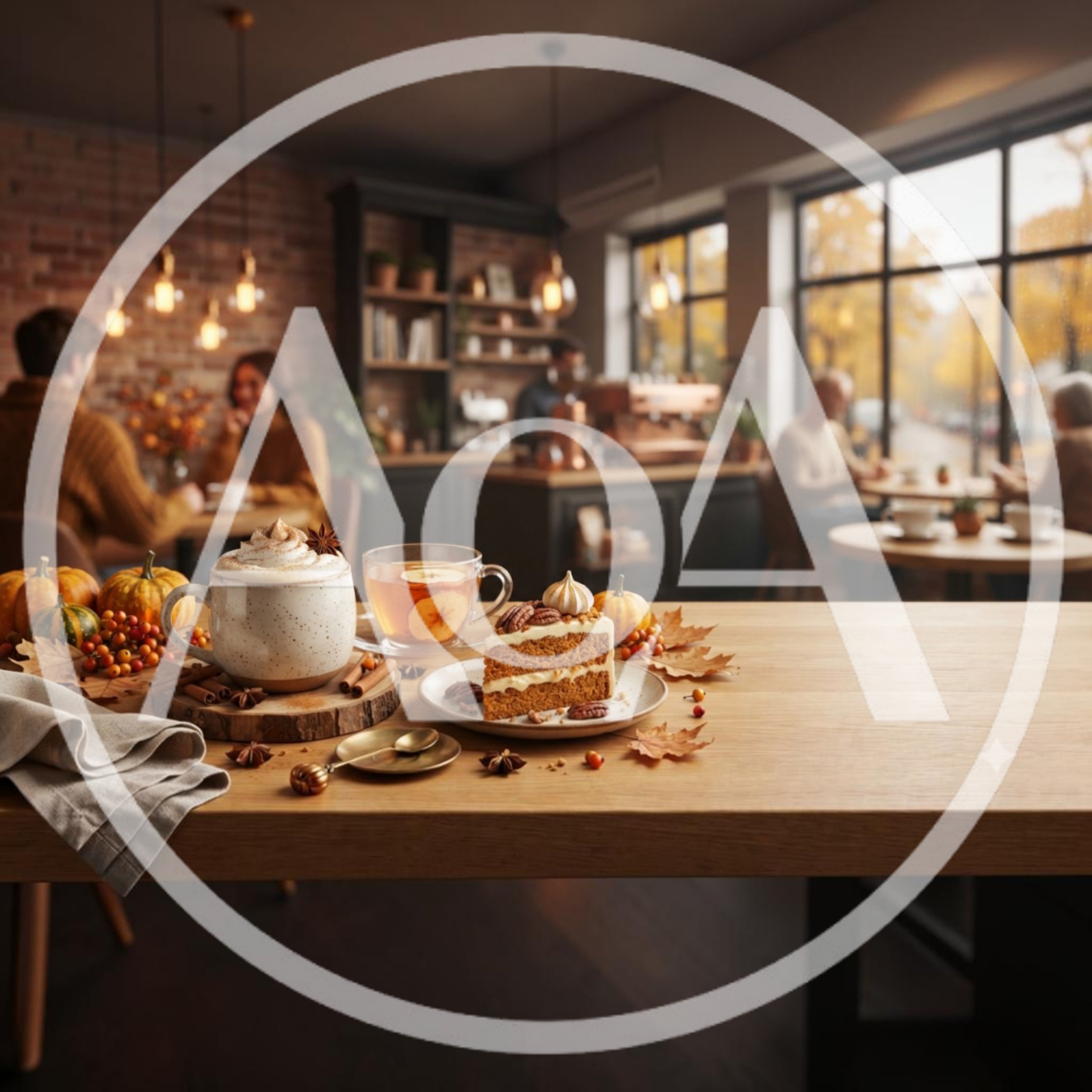 Autumn Cafe Table With Pumpkin Spice Latte And Cake