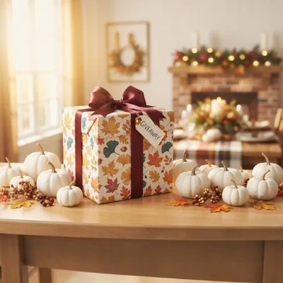 Autumn Gift Box Surrounded by White Pumpkins