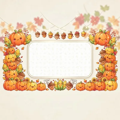 Cute Thanksgiving Border With Kawaii Pumpkins And Acorns