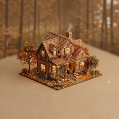 Miniature Autumn Cottage With Fall Decorations