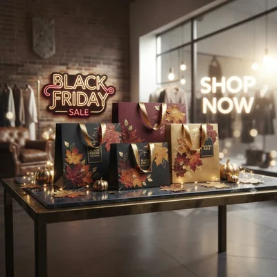 Black Friday Shopping Bags Display on Marble Table