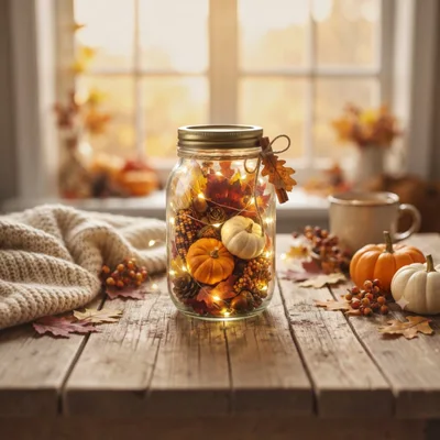 Autumn Mason Jar Decor With Fairy Lights