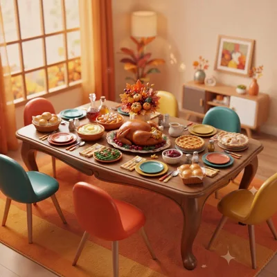 Thanksgiving Dinner Table Setting With Roasted Turkey