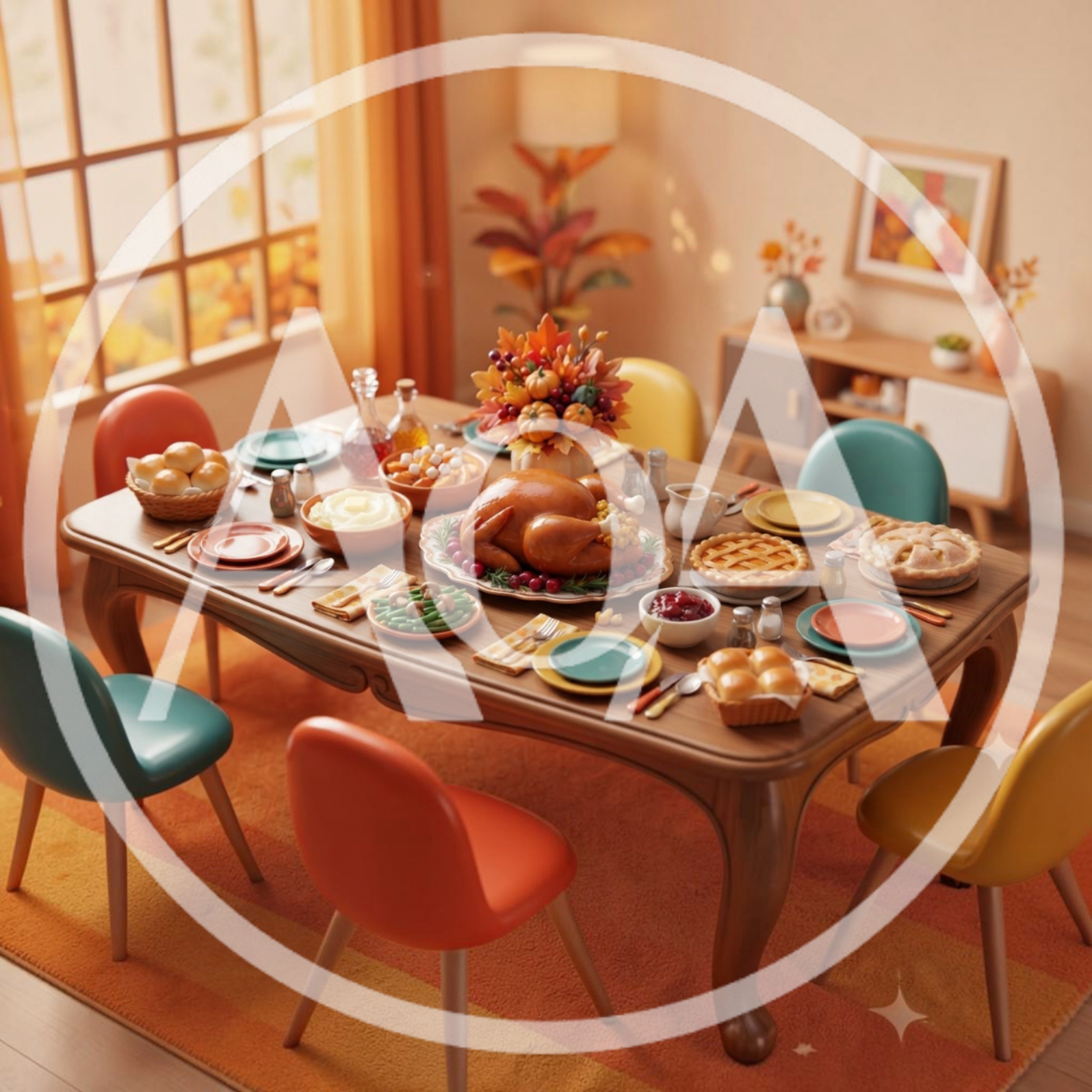 Thanksgiving Dinner Table Setting With Roasted Turkey