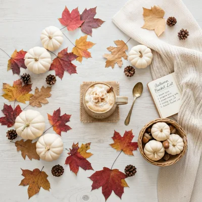 Autumn Flat Lay With Pumpkin Spice Latte And Bucket List