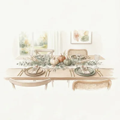 Watercolor Illustration Of A Festive Thanksgiving Dining Table