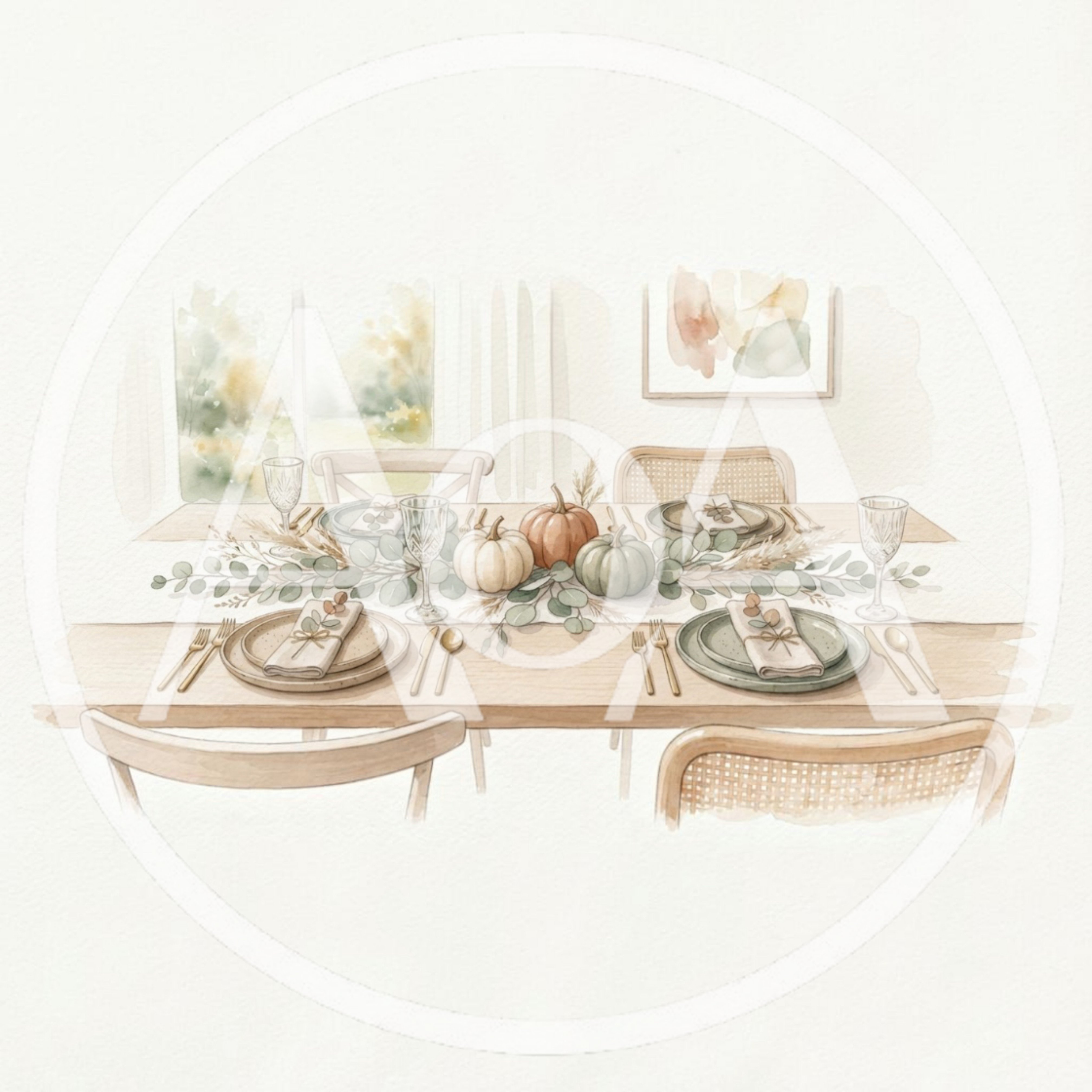 Watercolor Illustration Of A Festive Thanksgiving Dining Table