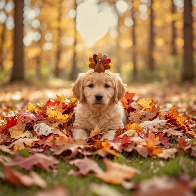 Golden Retriever Puppy Wearing Turkey Headband in Autumn Leaves