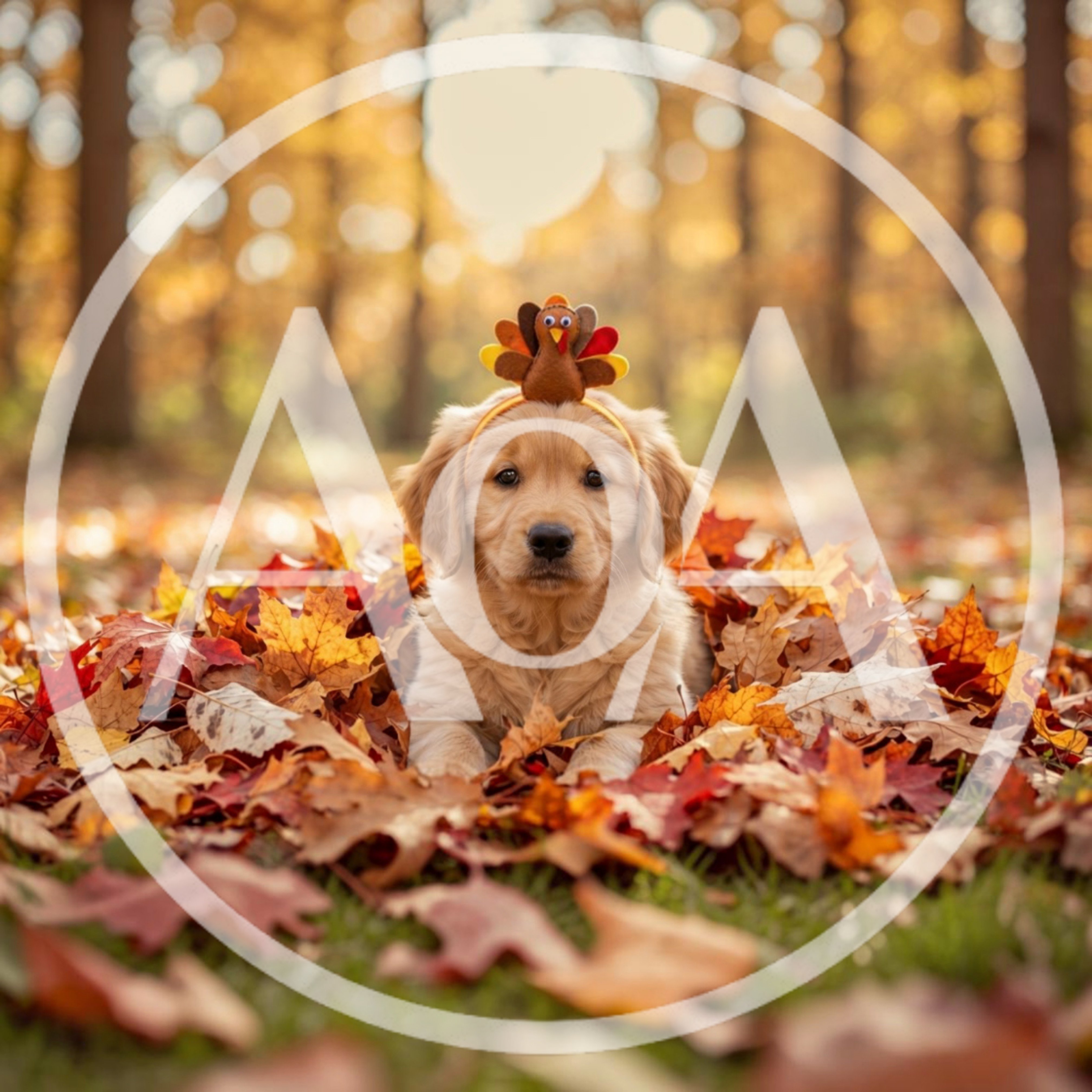 Golden Retriever Puppy Wearing Turkey Headband in Autumn Leaves
