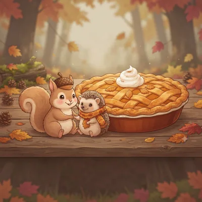 Cute Squirrel and Hedgehog with Autumn Pie