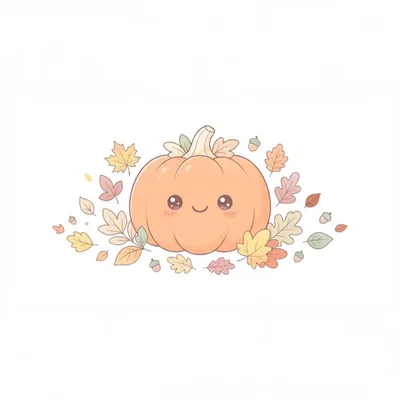 Cute Kawaii Pumpkin Illustration With Autumn Leaves