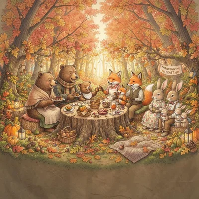 Anthropomorphic Forest Animals Celebrating A Thanksgiving Feast