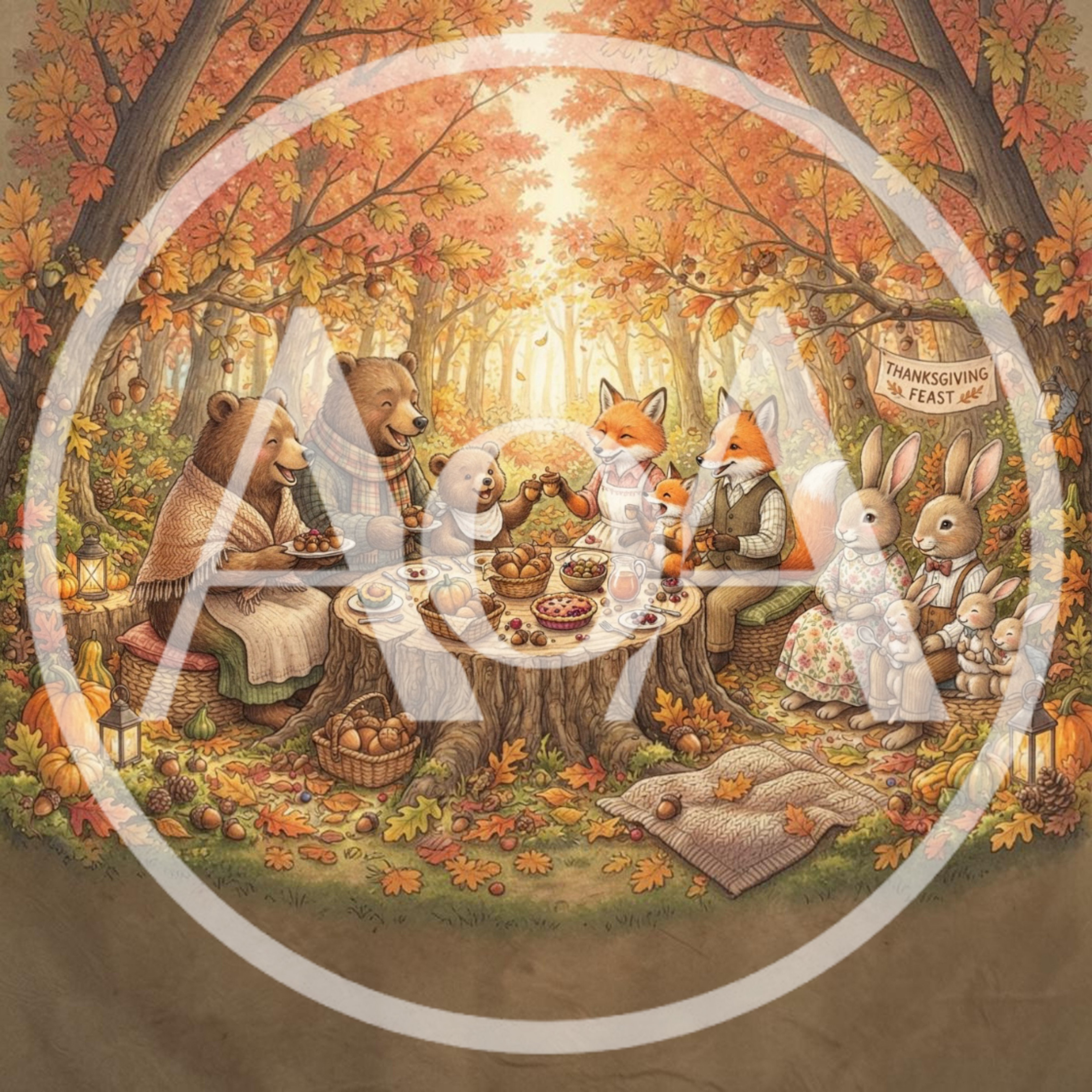 Anthropomorphic Forest Animals Celebrating A Thanksgiving Feast
