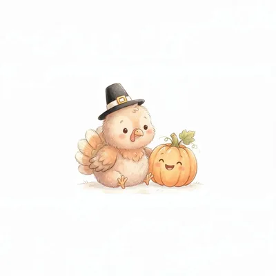 Cute Cartoon Turkey Wearing A Pilgrim Hat With Pumpkin