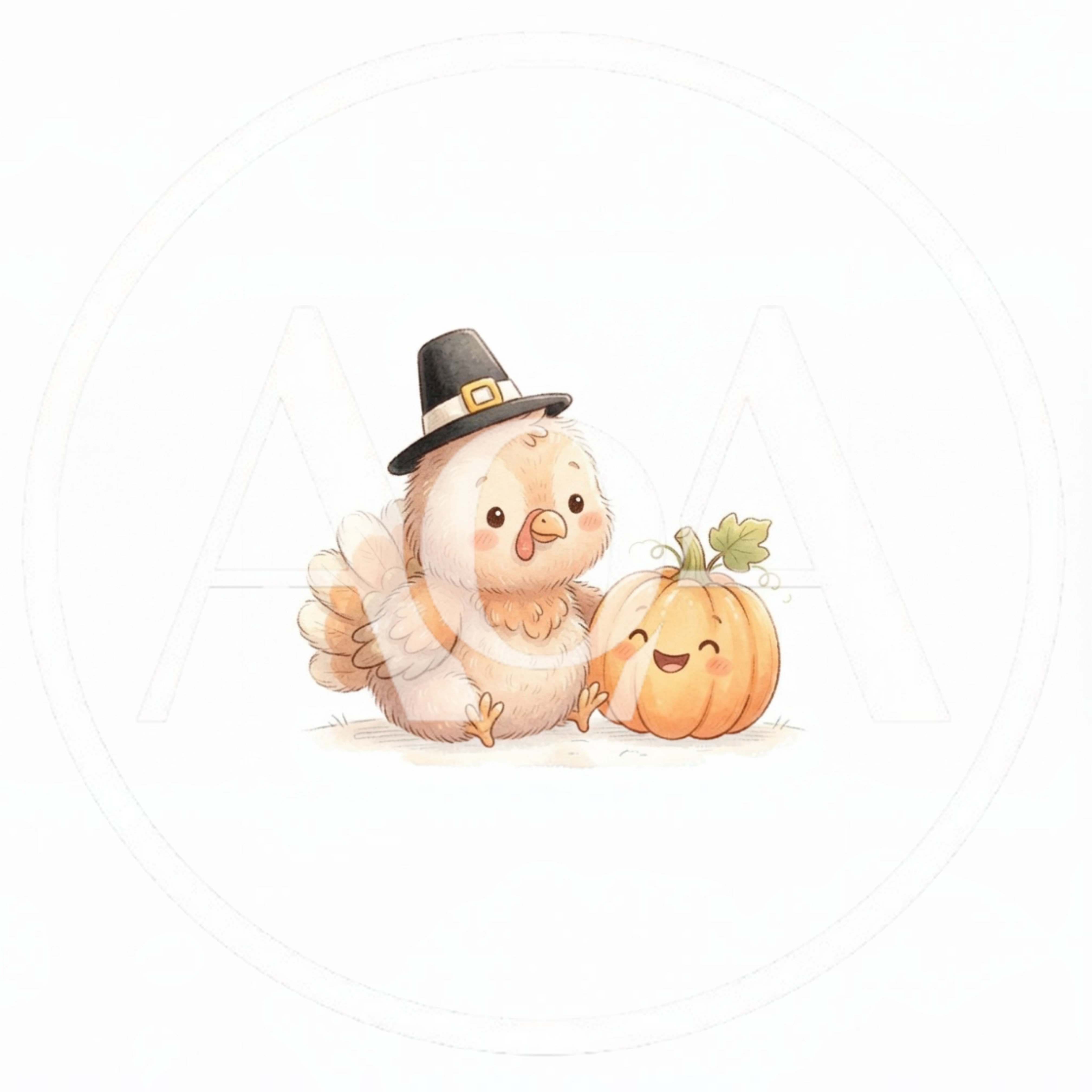 Cute Cartoon Turkey Wearing A Pilgrim Hat With Pumpkin