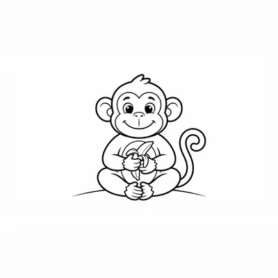 Cute Cartoon Monkey Holding A Banana Line Art