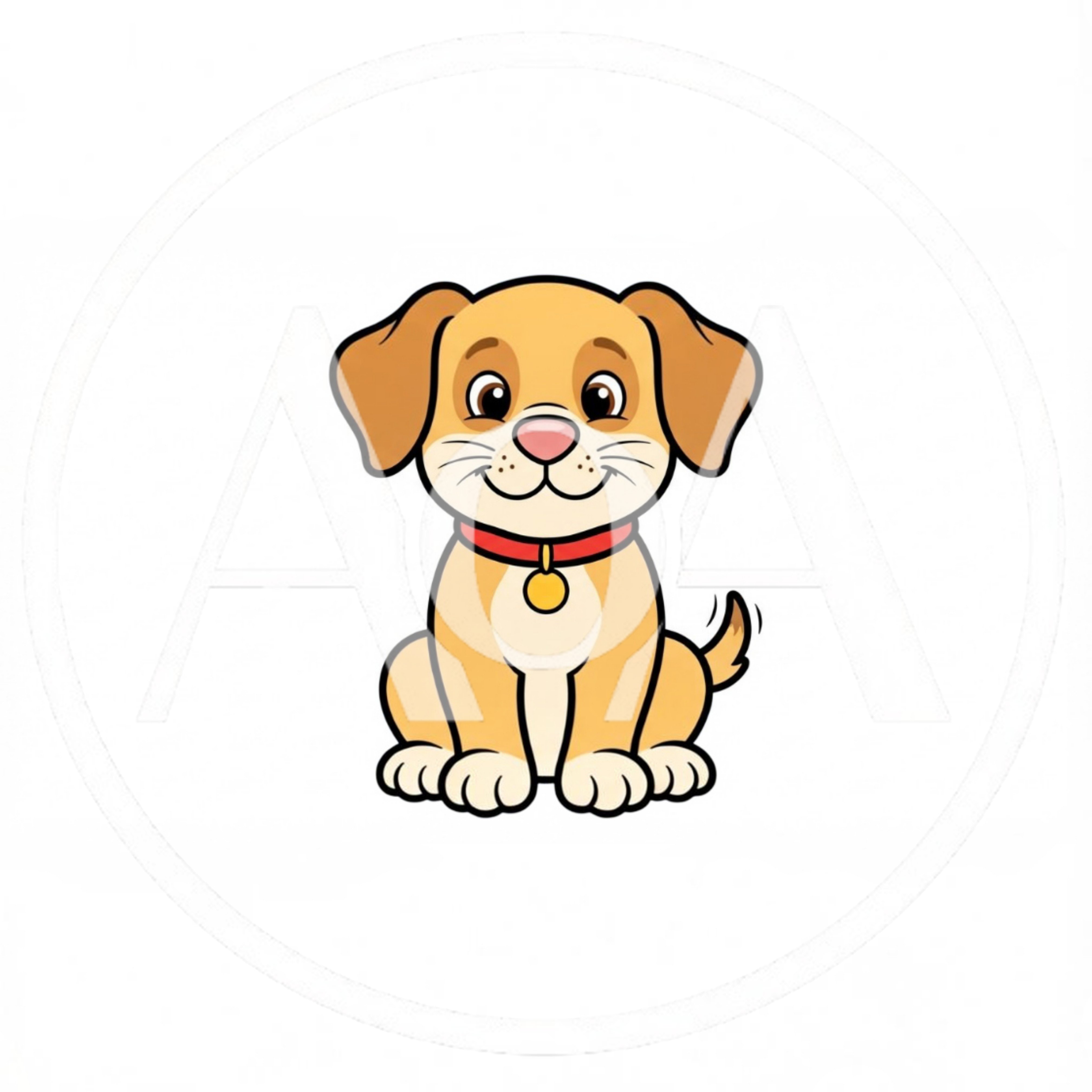 Cute Cartoon Puppy Sitting With Red Collar