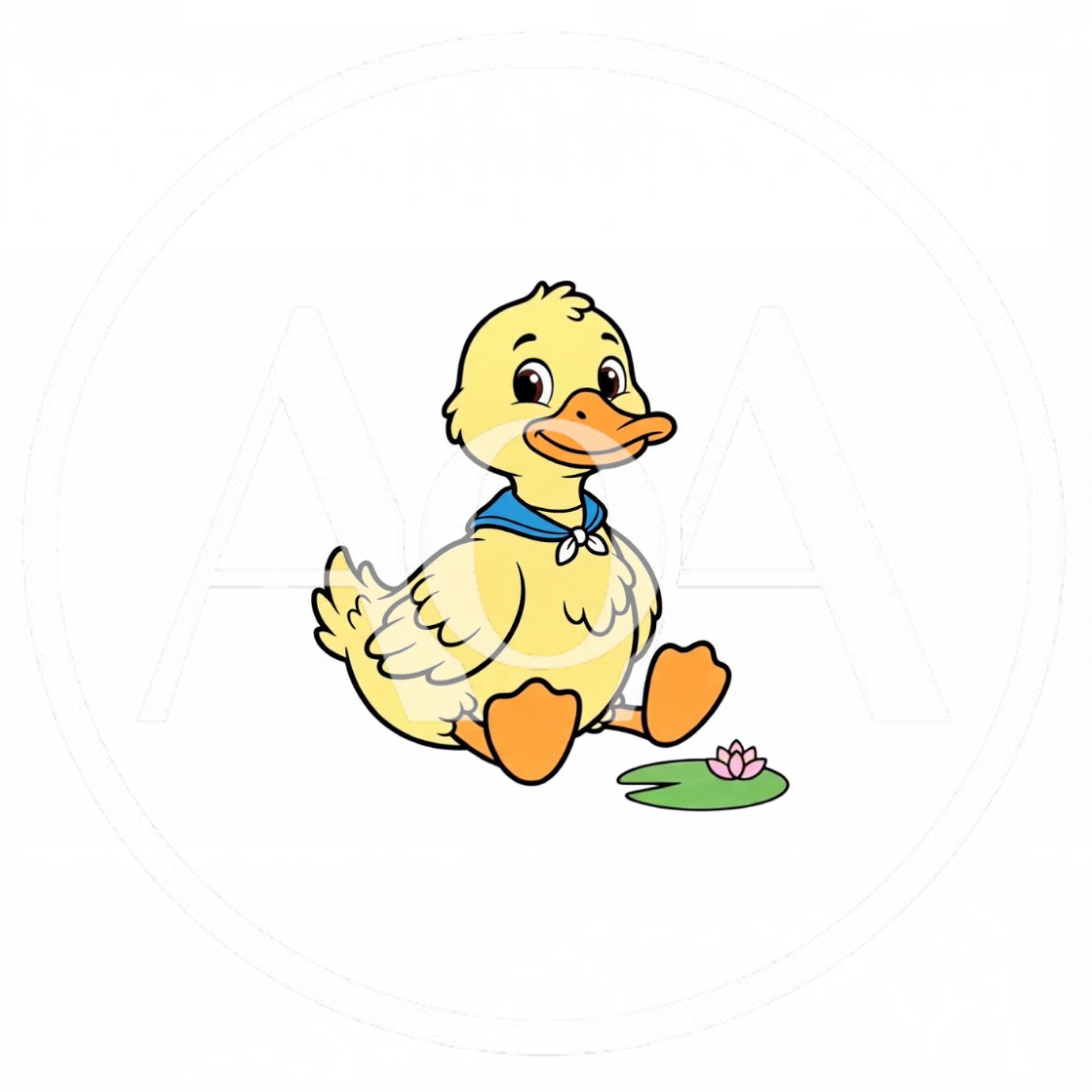 Cute Cartoon Duckling Sitting With A Water Lily