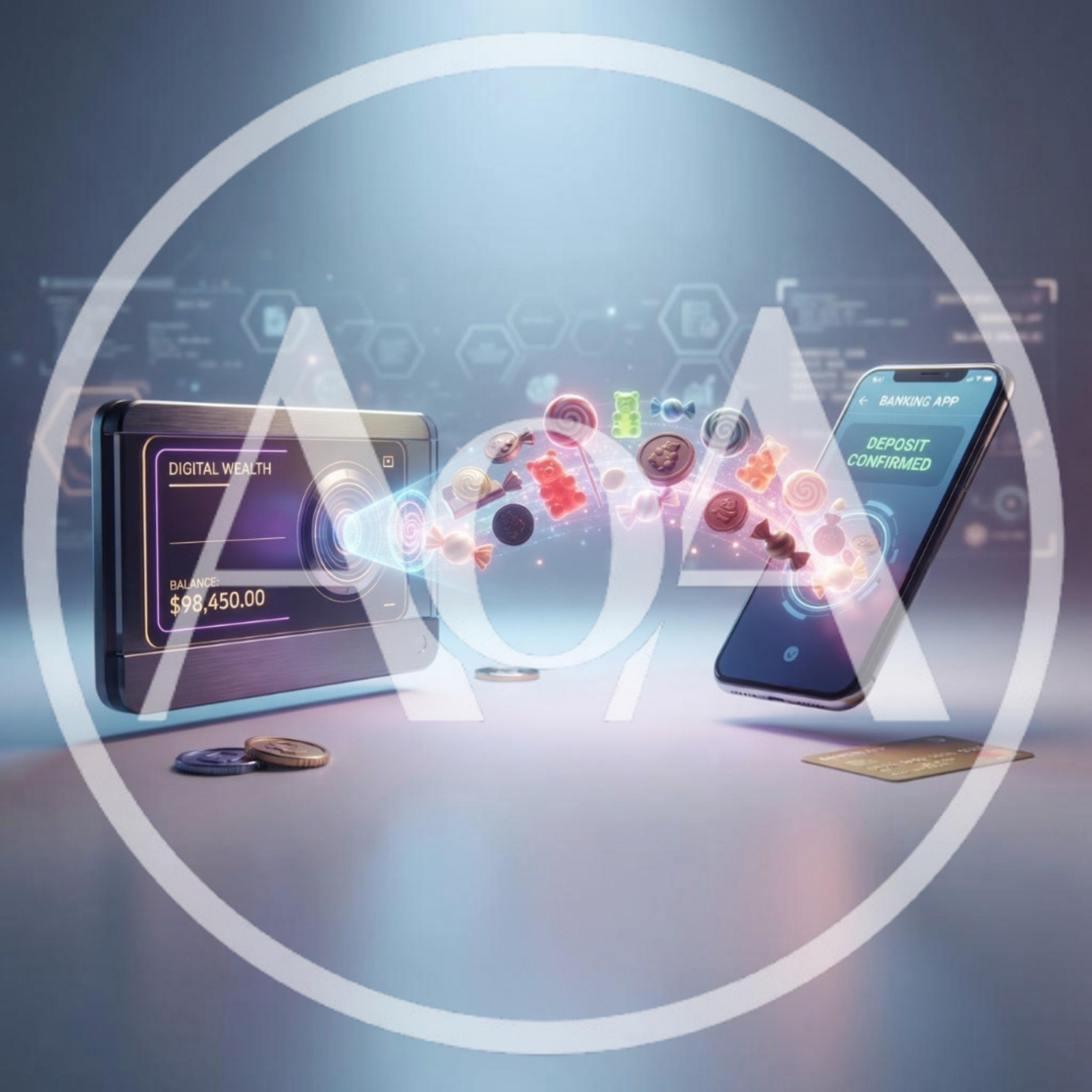 Digital Wealth Transfer Represented by Floating Candy Icons
