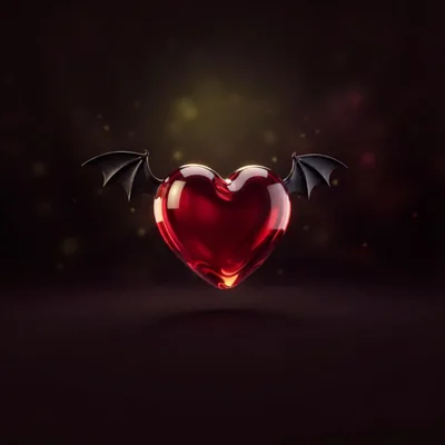 Glossy Red Heart With Black Bat Wings