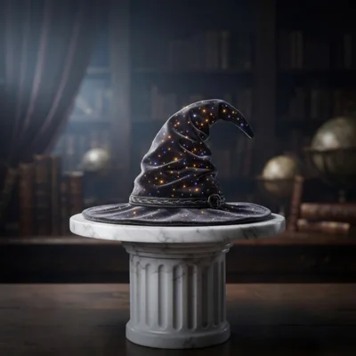 Magical Wizard Hat Resting On A Marble Pedestal