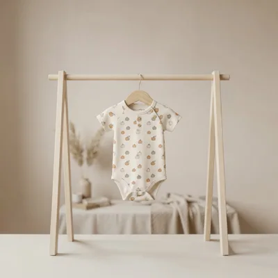 Baby Onesie With Pumpkin Print On Wooden Rack