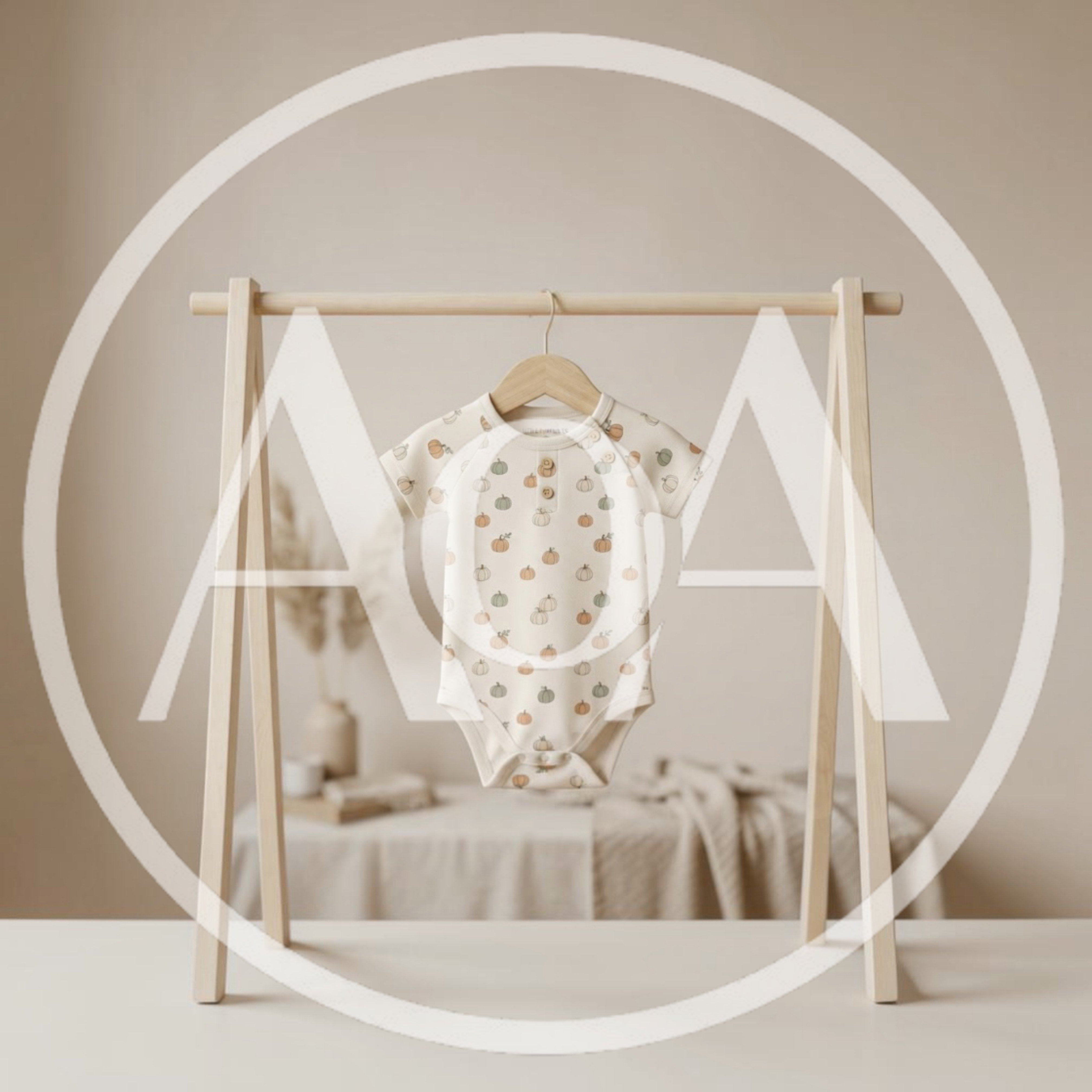Baby Onesie With Pumpkin Print On Wooden Rack
