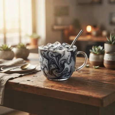 Iced Charcoal Latte in Glass Mug on Wooden Table