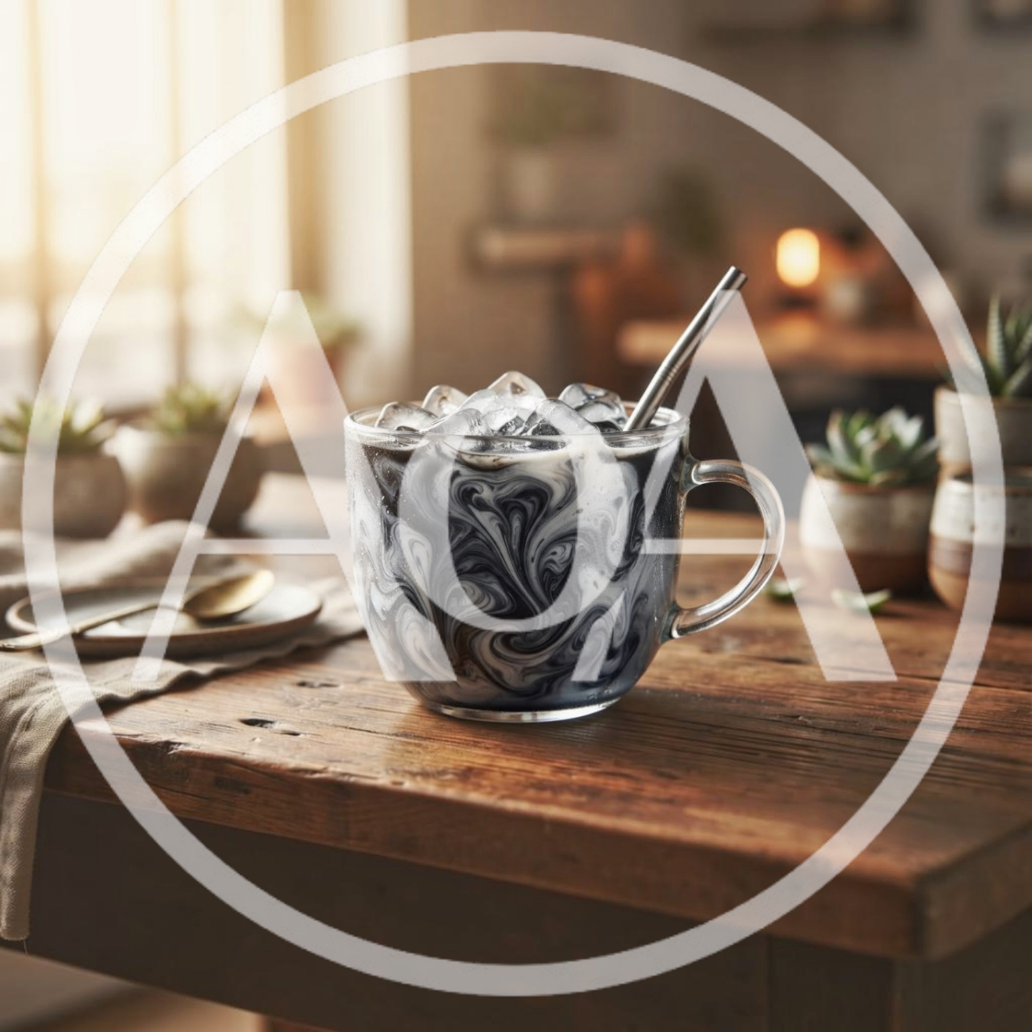 Iced Charcoal Latte in Glass Mug on Wooden Table