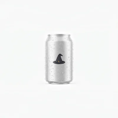 Silver Aluminum Beverage Can With Witch Hat Icon