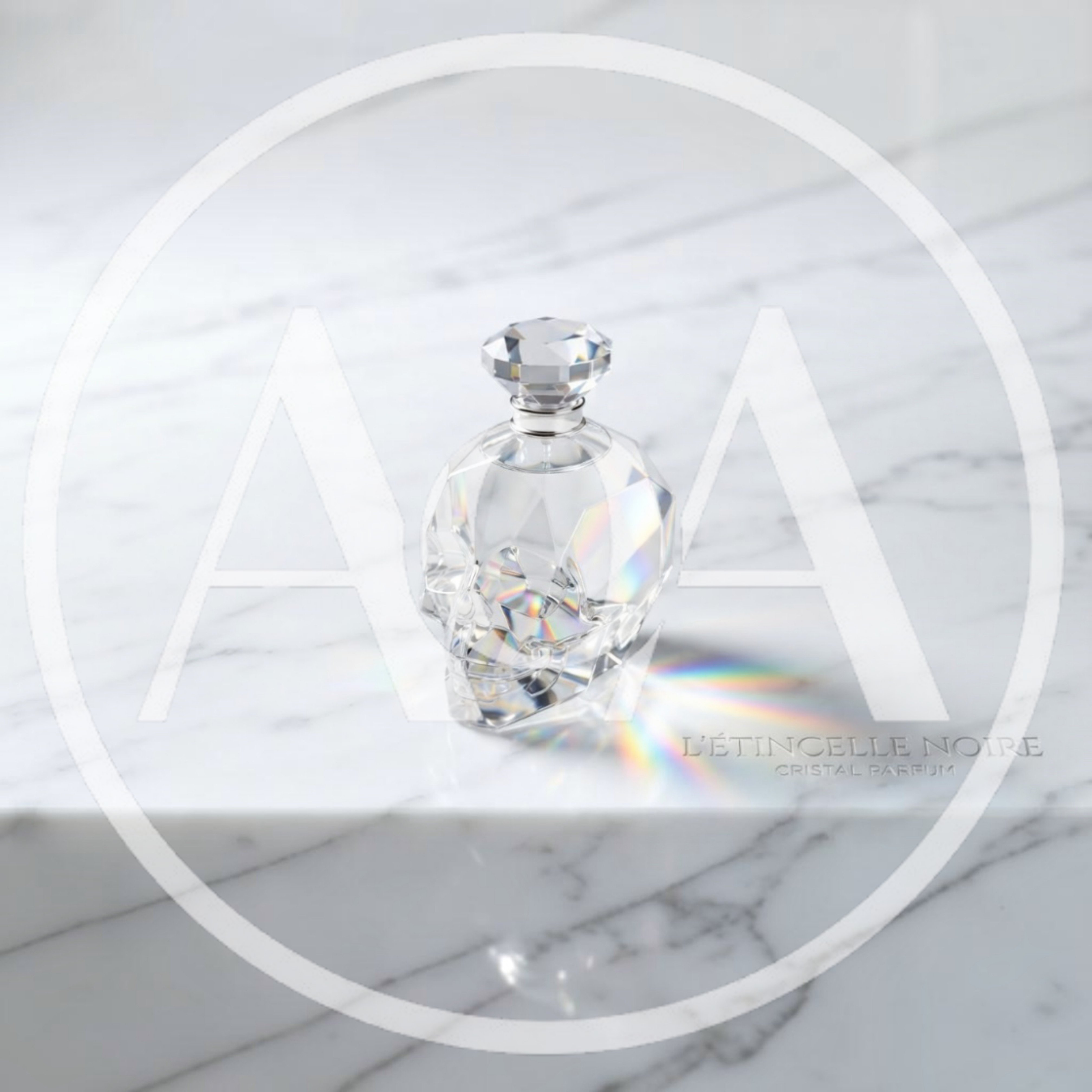 Crystal Skull Perfume Bottle on White Marble