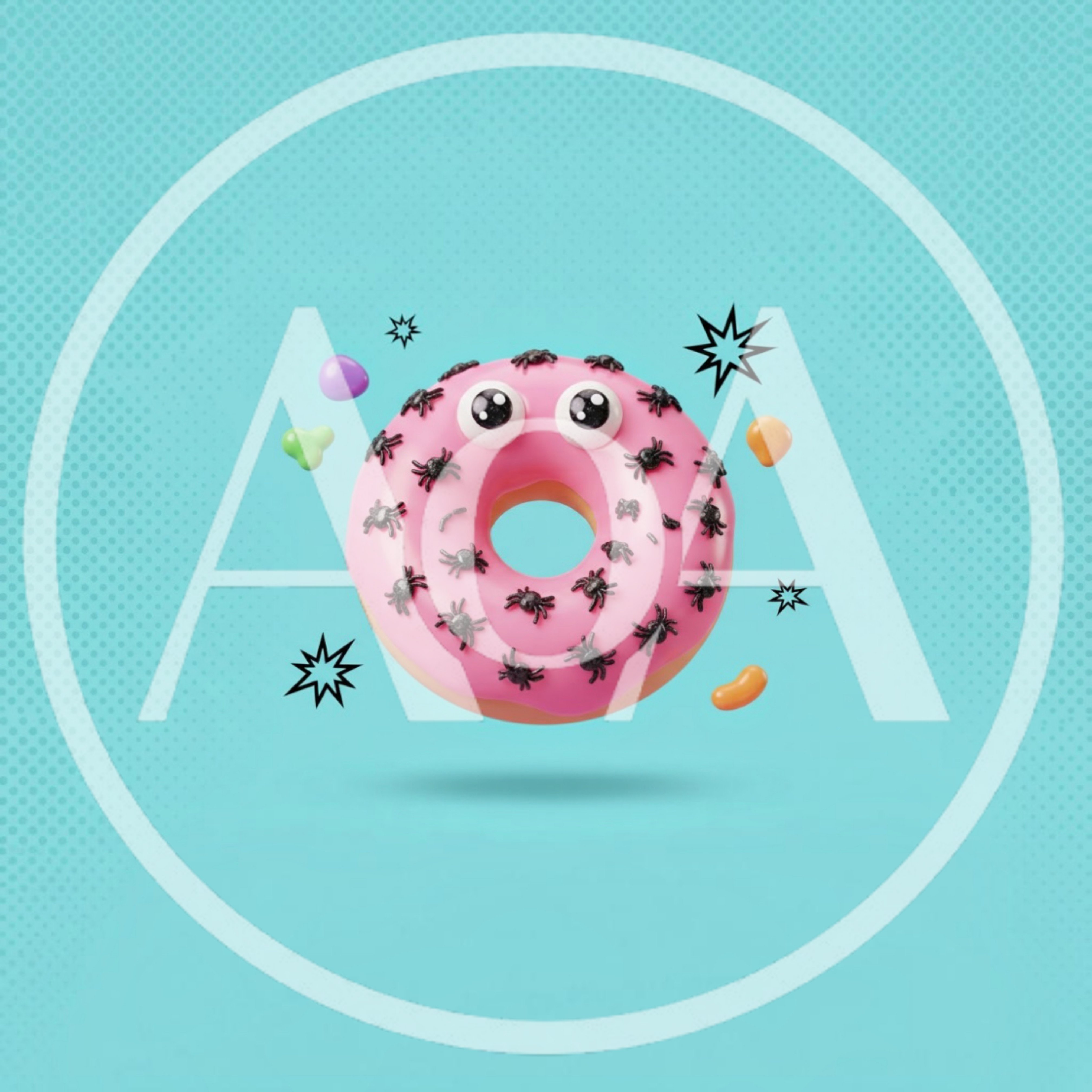 Cute Pink Donut With Spiders And Candy