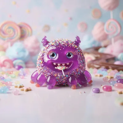 Cute Purple Jelly Monster Eating A Lollipop